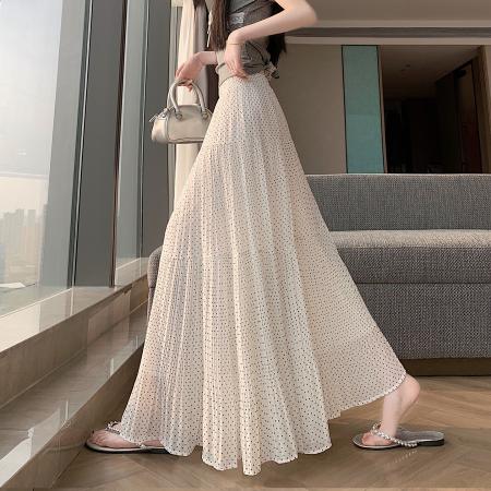 BY16787# 夏温柔风气质重工压褶垂感波点雪纺百褶半身a字裙长裙