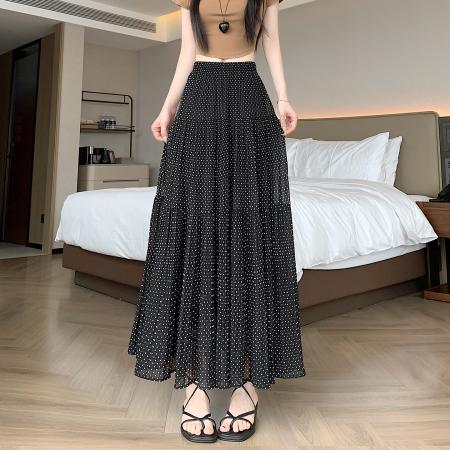 BY16787# 夏温柔风气质重工压褶垂感波点雪纺百褶半身a字裙长裙