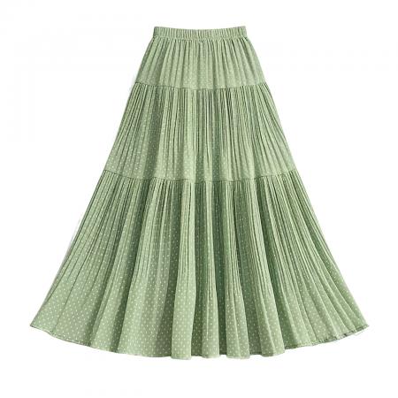 BY16787# 夏温柔风气质重工压褶垂感波点雪纺百褶半身a字裙长裙