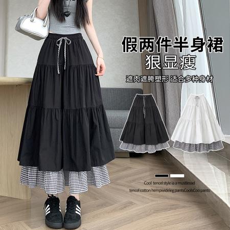 BY16788# 夏韩系松紧腰遮胯显瘦中长抽绳拼接格纹半身a字大摆伞裙