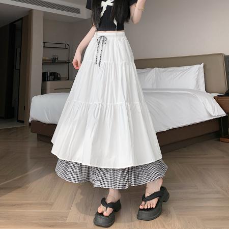 BY16788# 夏韩系松紧腰遮胯显瘦中长抽绳拼接格纹半身a字大摆伞裙