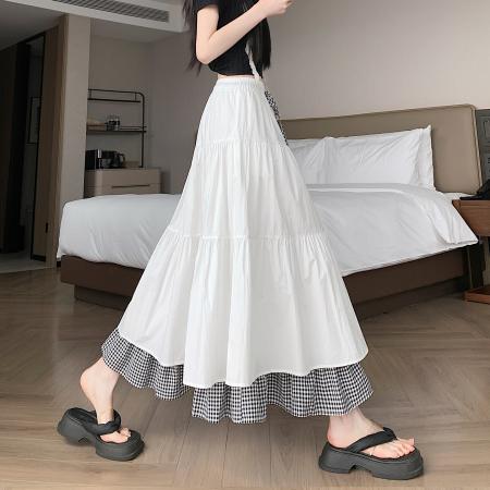 BY16788# 夏韩系松紧腰遮胯显瘦中长抽绳拼接格纹半身a字大摆伞裙