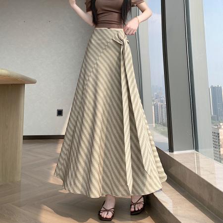 BY16790# 夏韩系复古简约斜条纹绑带式中长a字半身裙大摆伞裙