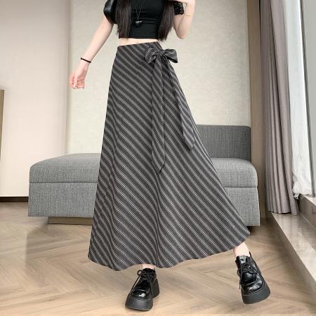 BY16790# 夏韩系复古简约斜条纹绑带式中长a字半身裙大摆伞裙