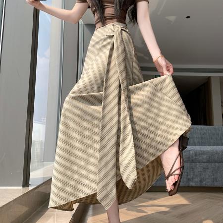 BY16790# 夏韩系复古简约斜条纹绑带式中长a字半身裙大摆伞裙