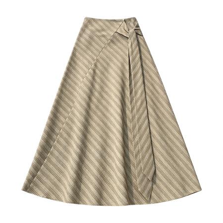 BY16790# 夏韩系复古简约斜条纹绑带式中长a字半身裙大摆伞裙