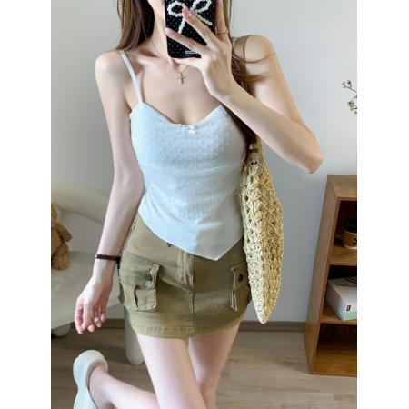 BY16793# -纯欲风波点网纱双层拼接小吊带女夏季短款外穿背心上衣