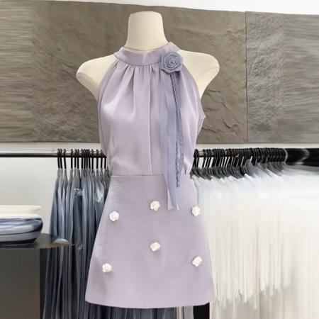 法式无袖缎面玫瑰花上衣立体花朵半身裙夏日绝美巨好看的套装