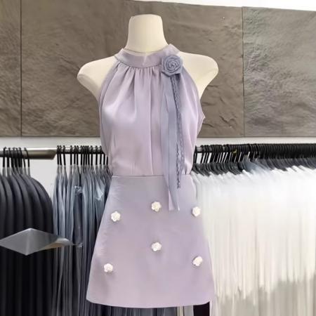 法式无袖缎面玫瑰花上衣立体花朵半身裙夏日绝美巨好看的套装