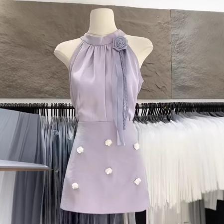 法式无袖缎面玫瑰花上衣立体花朵半身裙夏日绝美巨好看的套装