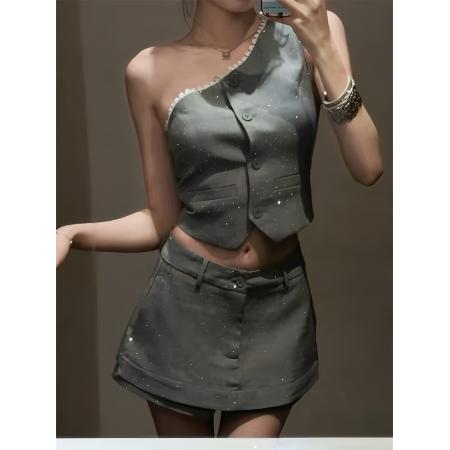 法式重工烫钻斜肩西装马甲背心高腰半身裙裤两件套女夏季辣妹套装