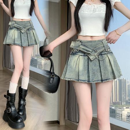 BY16802# 美式纯欲风辣妹重工设计感弹力牛仔百褶半身裙裤裙