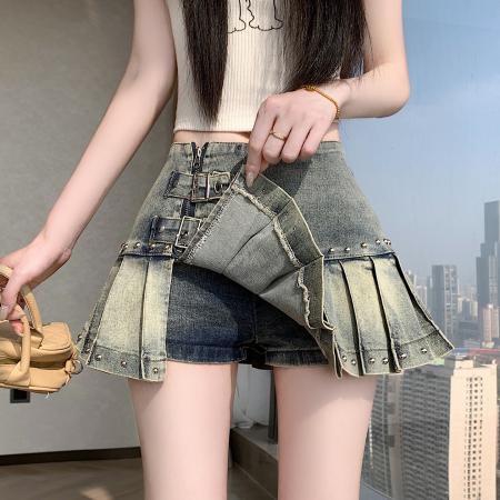 BY16803# 美式纯欲风辣妹设计感弹力牛仔百褶半身裙裤裙