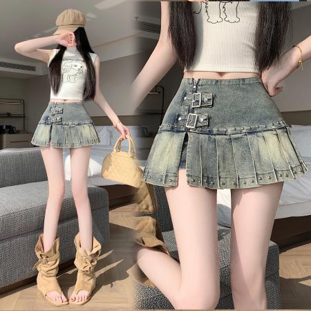BY16803# 美式纯欲风辣妹设计感弹力牛仔百褶半身裙裤裙