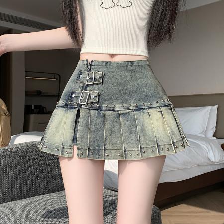 BY16803# 美式纯欲风辣妹设计感弹力牛仔百褶半身裙裤裙