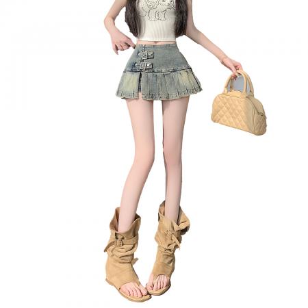 BY16803# 美式纯欲风辣妹设计感弹力牛仔百褶半身裙裤裙