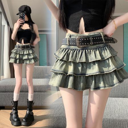 BY16804# 美式纯欲风辣妹设计感弹力牛仔蛋糕百褶半身裙裤裙