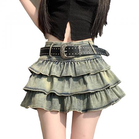 BY16804# 美式纯欲风辣妹设计感弹力牛仔蛋糕百褶半身裙裤裙