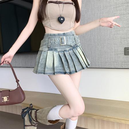 BY16805# 美式纯欲风辣妹设计感弹力牛仔百褶半身裙裤裙