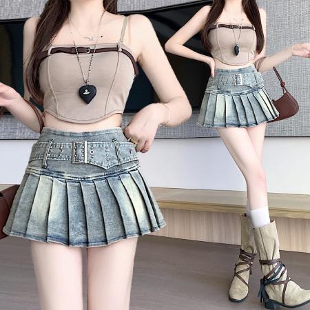 BY16805# 美式纯欲风辣妹设计感弹力牛仔百褶半身裙裤裙