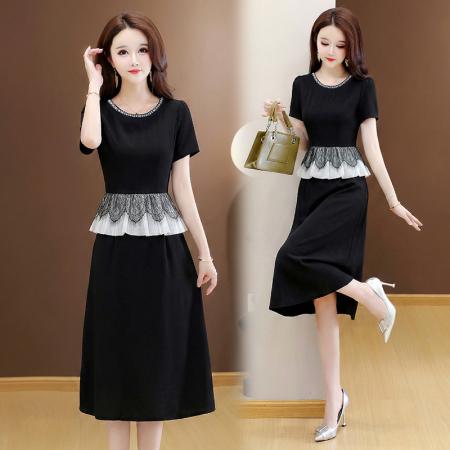 夏季新款大码重工短袖连衣裙收腰显瘦中长款小黑裙