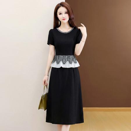 夏季新款大码重工短袖连衣裙收腰显瘦中长款小黑裙