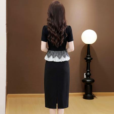 夏季新款大码重工短袖连衣裙收腰显瘦中长款小黑裙