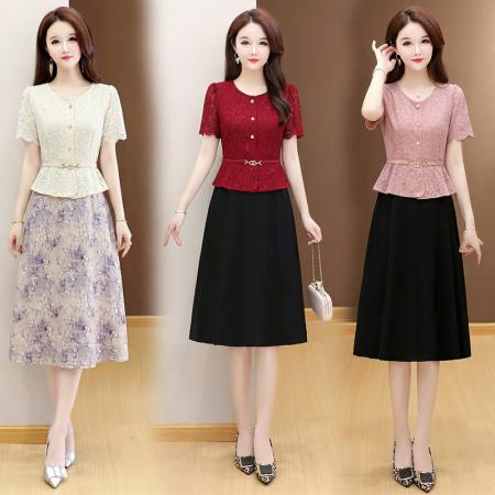 夏季新款大码短袖蕾丝连衣裙收腰...