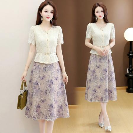 夏季新款大码短袖蕾丝连衣裙收腰显瘦洋气中长款