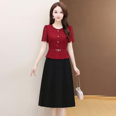 夏季新款大码短袖蕾丝连衣裙收腰显瘦洋气中长款