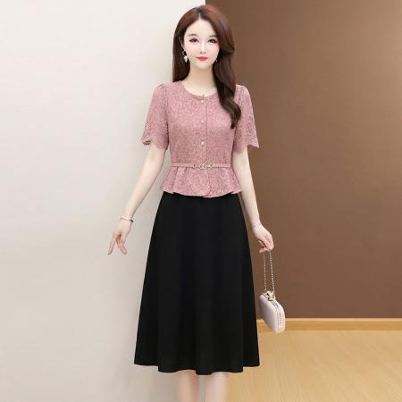 夏季新款大码短袖蕾丝连衣裙收腰显瘦洋气中长款