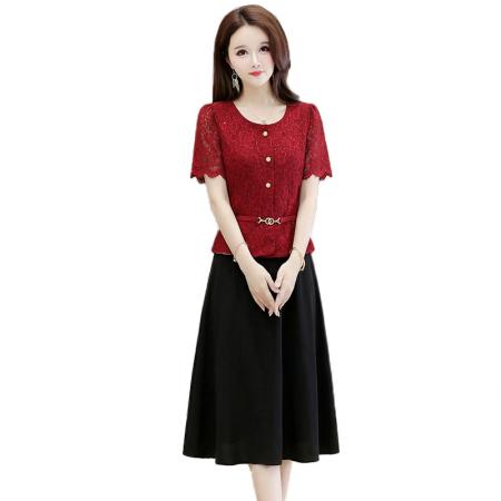 夏季新款大码短袖蕾丝连衣裙收腰显瘦洋气中长款