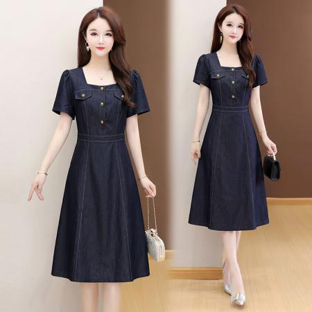 BY16811# 夏季新款短袖连衣裙天丝牛仔柔软透气修身洋气收腰