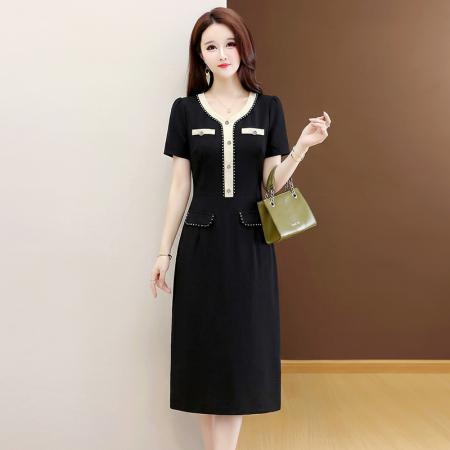 夏季新款大码短袖连衣裙收腰时尚减龄小香风