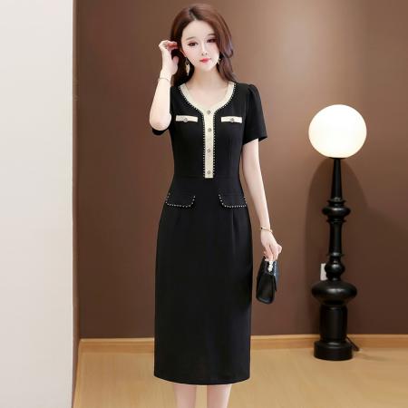 夏季新款大码短袖连衣裙收腰时尚减龄小香风