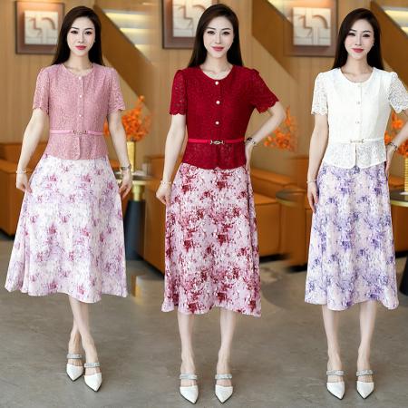 夏季新款大码短袖假两件连衣裙收腰显瘦中长款洋气