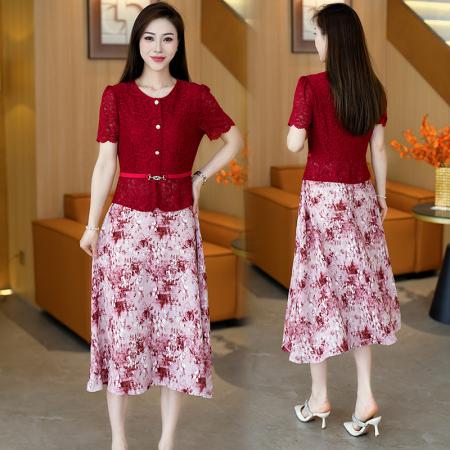 夏季新款大码短袖假两件连衣裙收腰显瘦中长款洋气