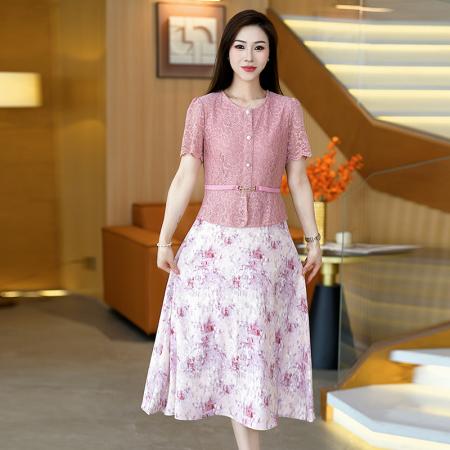 夏季新款大码短袖假两件连衣裙收腰显瘦中长款洋气