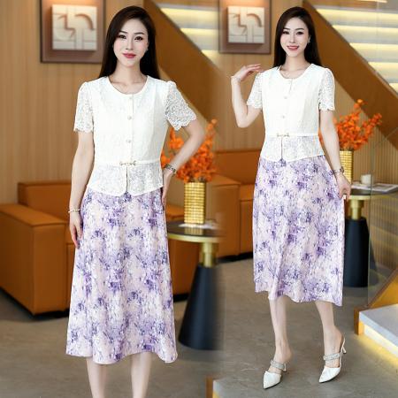 夏季新款大码短袖假两件连衣裙收腰显瘦中长款洋气
