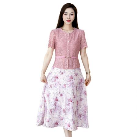 夏季新款大码短袖假两件连衣裙收腰显瘦中长款洋气