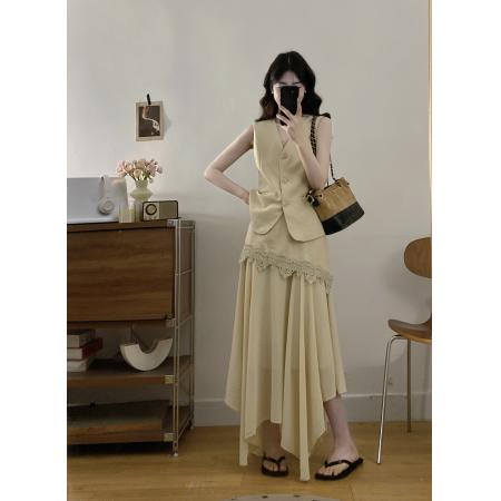 大码女装夏新款轻熟风西装马甲蕾丝拼接半身裙两件套