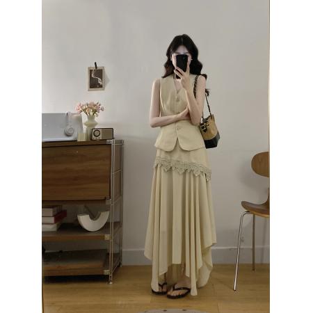 大码女装夏新款轻熟风西装马甲蕾丝拼接半身裙两件套