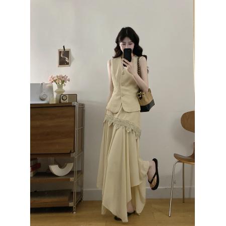 大码女装夏新款轻熟风西装马甲蕾丝拼接半身裙两件套