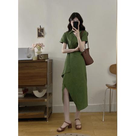大码女装夏新款绿野风声法式V领遮肚收腰显白气质连衣裙