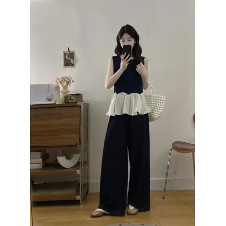 大码女装夏季新款韩系无袖上衣阔腿裤巨好看的背心套装