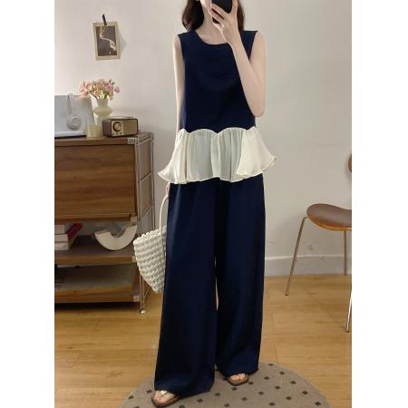 大码女装夏季新款韩系无袖上衣阔腿裤巨好看的背心套装