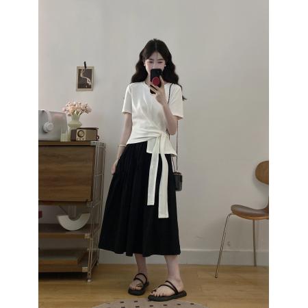 大码女装夏季新款韩版不规则收腰上衣黑色半身裙两件套