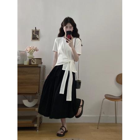 大码女装夏季新款韩版不规则收腰上衣黑色半身裙两件套