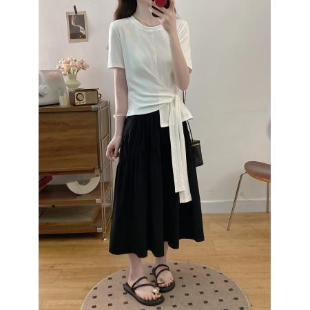 大码女装夏季新款韩版不规则收腰上衣黑色半身裙两件套