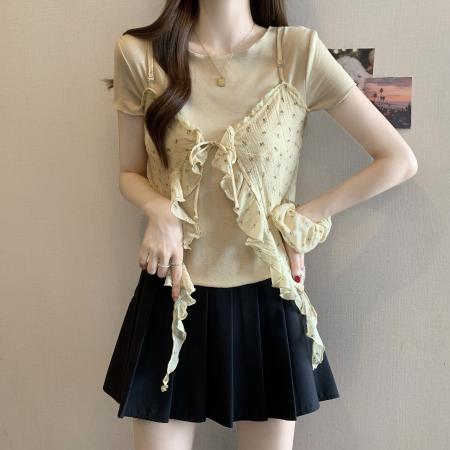 BY16818# 大码女装夏季新款韩系碎花假两件T恤不规则两件套